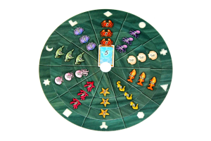 A photo of a decoder ring from the Exit game series. This involves rotating several discs to reveal an image, number, or text in the centre.