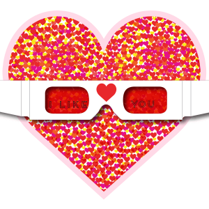 A heart with a secret I like you message hidden inside it, revealed by red lensed glasses.